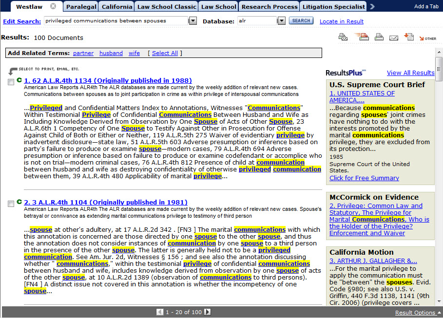 Westlaw: The Results Page provides links to cases that match your Search Query